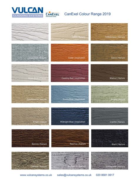 CanExel Cladding Colour Range 2019 Bungalow Cladding Ideas, Upvc Cladding Exterior, Render And Cladding House Exteriors, Lodge House Exterior, House Cladding Ideas, House Colours External, Smart Siding Exterior Colors, House Cladding Exterior, Siding Exterior Colors