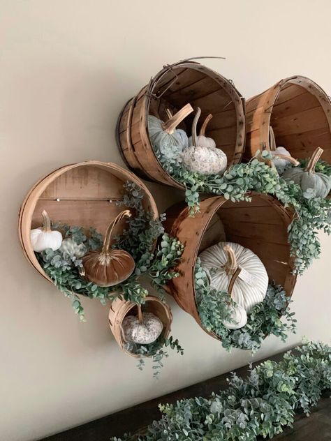 Fall Decor Display Ideas, Fall Store Decorating Ideas, Fall Greenery Wall, Fall Decor For Boutique, Basket Wall With Greenery, Basket Wall Displays, Baskets On The Wall Decor, Basket Of Pumpkins Decor, Fall Wall Basket