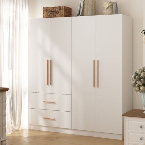 Ebern Designs Caberfae Armoire | Wayfair 4 Door Wardrobe Design, Hanging Clothes Organizer, Clothes Cabinet, Armoire Dresser, Wooden Closet, 4 Door Wardrobe, White Closet, Wood Armoire, Wardrobe Cabinet