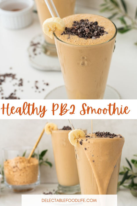 Peanut Butter PB2 Powder Smoothie with jar of PB2 Powder Healthy Pb2 Smoothie, Greek Yogurt Peanut Butter Smoothie, Pb And Banana Smoothie, Smoothie With Pb2, Best Peanut Butter Smoothie Recipes, Pb2 Banana Smoothie, Healthy Peanut Butter Milkshake, Banana Protein Smoothie Recipe, Pb2 Smoothie Healthy