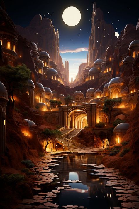 Wallpaper Fantasy, Landscape Digital Art, Fantasy Scenery, Egypt Concept Art, Hidden City, Fantasy Village, Fantasy Wallpaper, Illustration Fantasy, Landscape Digital