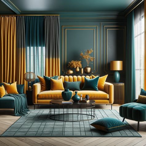 16 Perfectly Paired Colors to Accentuate Mustard Yellow Decor Mustard Colour Combinations, Mustard Living Room Decor, Bedroom Interior Colour, Mustard Living Rooms, Mustard Yellow Decor, Mustard Yellow Walls, Bold Living Room, Teal Interiors, Interior Color Schemes