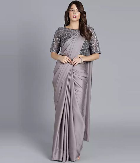 Champagne Saree, Plain Satin Saree, Cocktail Saree, Classic Saree, Fancy Sarees Party Wear, Sari Blouse Designs, Indian Saree Blouses Designs, Indian Fashion Saree, Saree Designs Party Wear