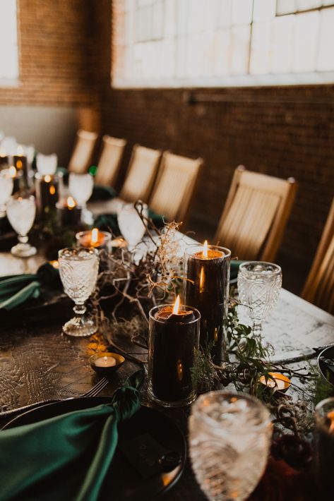 Dark Academia Wedding, Moody Tablescape, Cheesecloth Napkins, Moody Wedding Decor, Midnight Blue Wedding, Celestial Wedding Theme, Dark Romantic Wedding, Dark Glamour, Dark Wedding Theme