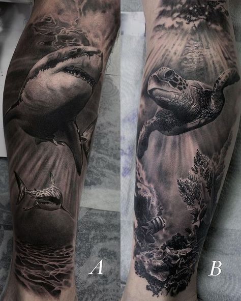 Black And Grey Underwater Tattoo, Deep Sea Tattoo Ideas, Jungle Theme Tattoo Sleeve For Women, Jellyfish Tattoo Arm, Ocean Creatures Tattoo, Underwater Tattoo Sleeve, Water Themed Tattoos, Hawaii Tattoo Ideas, Lower Leg Tattoos For Men