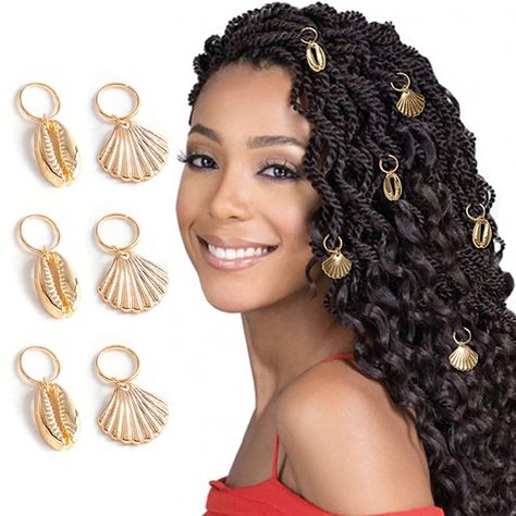 PRICES MAY VARY. Braid rings clips are made of alloy, pack of 6. Box braid rings are gold in color. Approx size: diameter of ring: 1.2cm/0.47in; shell pendant: 1.8cm/0.44in*1.1cm/0.43in, 2cm/0.79in*1.8cm/0.71in. Dreadlock jewelry is easy to attach to braids. They are adjustable, and you can open the loop of these hair braid charms by twisting opening rings. Close the rings after hooking into your locs. And they are made of high quality alloy with plated technique, so you can worry free for fadin Braids With Cowrie Shells, Braids With Rings, Box Braids Jewelry, Braid Charms, Braids Jewelry, Braid Rings, Hair Jewelry For Braids, Braid Clips, Dreadlock Jewelry