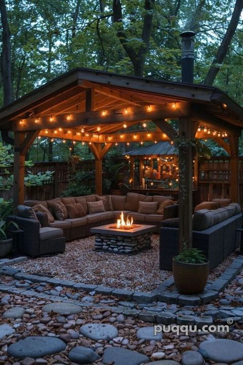 Backyard Fire Pit Ideas, Portico Design, Outdoor Fire Pit Area, Gazebo With Fire Pit, Fire Pit Lighting, Backyard Fire Pit, Fire Pit Landscaping, Patio Fireplace, Fire Pit Ideas