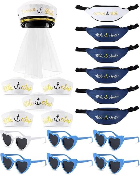 Amazon.com: 6 Sets Nautical Bridal Shower Hat Set Women's Bride Captain Hat with Veil Bride Crew Sailor Hat Bachelorette Party Fanny Pack Heart Sunglasses Nautical Party Hats for Boat Bachelorette Party Supplies : Clothing, Shoes & Jewelry Nautical Hens Party, Titanic Bachelorette Party, Last Sail Before The Veil Bachelorette Party Ideas, Cruise Themed Bachelorette Party, Last Sail Bachelorette Party, Nautical Bachelor Party, Sailor Themed Bachelorette Party, Bachelorette Party Ideas Cruise, Boat Hens Party