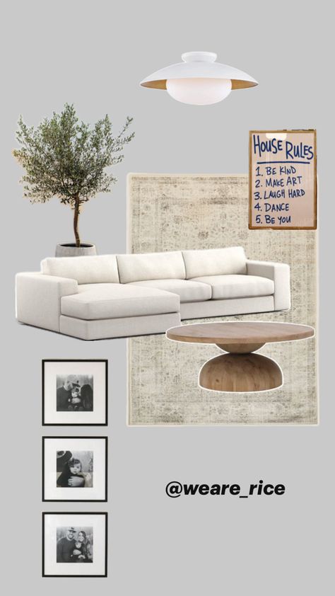 Home decor idea for living room. Modern white L shaped couch with a pedestal brown wooden coffee table. 3 black framed pictures, olive tree in a cement planter and large 8’x10’ light cream color rug with washed pattern. Minimal Aesthetic Home, Aesthetic Home Design, Home Decor Minimal, Bright Home Decor, Cream Colored Rug, Bright Home, Decor Minimal, White Couches, Framed Pictures