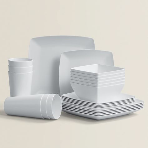 PRICES MAY VARY. SQUARE DINNERWARE SETS for 6 included, 6pcs 10.5inch White Dinner Plate, 6pcs 8.5inch White Side Plate, 6pcs 6inch White Bowl, 6pcs 20oz White Cup. LIGHTWEIGHT White Square Plates and Bowls Set are made of 100% melamine, totally BPA FREE, and food safe. DURABLE for everyday use, such as Camping, Outdoor, BBQ, Summer fun, Picnic, Party, Fiesta, and Events. Chip resistant and break-resistant. GIFT BOX Packaged these white plates and bowls sets are a good choice for family and frie White Square Plates, White Plates And Bowls, White Dinnerware Sets, White Dinner Set, Sultana Kosem, Apartment Wishlist, Main Kitchen, Bbq Summer, Dishware Sets