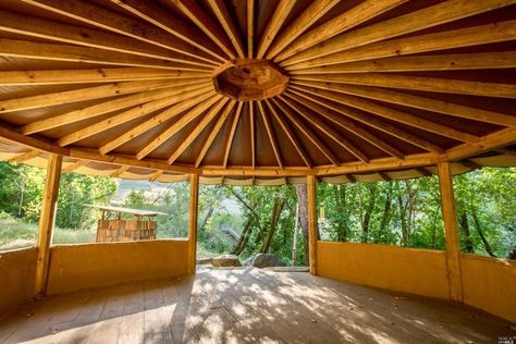 Yoga platform: Tucked among the trees, a peaceful pavilion ideal for yoga or meditation. Yoga Pavilion Design, Yoga Platform Outdoor, Yurt Platform, Meditation Pavilion, Yoga Pavilion, Outdoor Meditation Space, Yoga Platform, Garden Yoga, Garden Huts