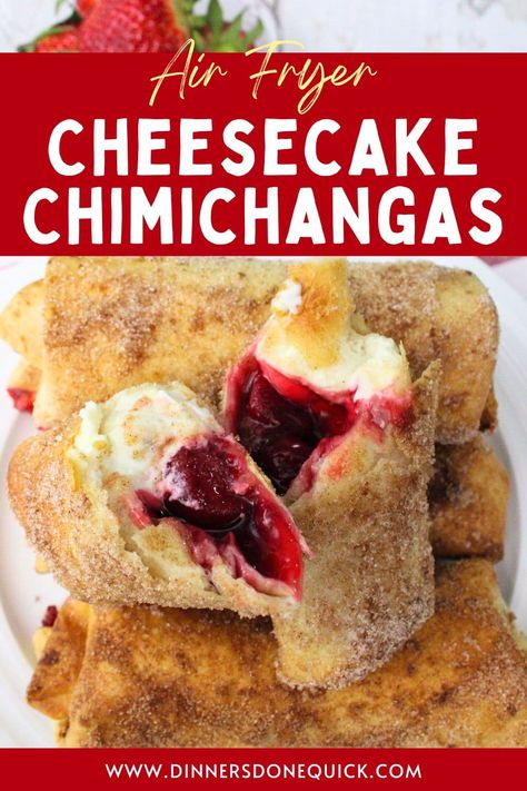 Ground Beef Chimichanga Recipe Air Fryer, Raspberry Cheesecake Chimichangas, Cheesecake Chimichangas Air Fryer, Dessert Chimichanga, Cheesecake Recipes Strawberry, Strawberry Cheesecake Chimichangas Recipe, Cheesecake Chimichangas Recipe, Air Fryer Cheesecake, Cheesecake Chimichangas