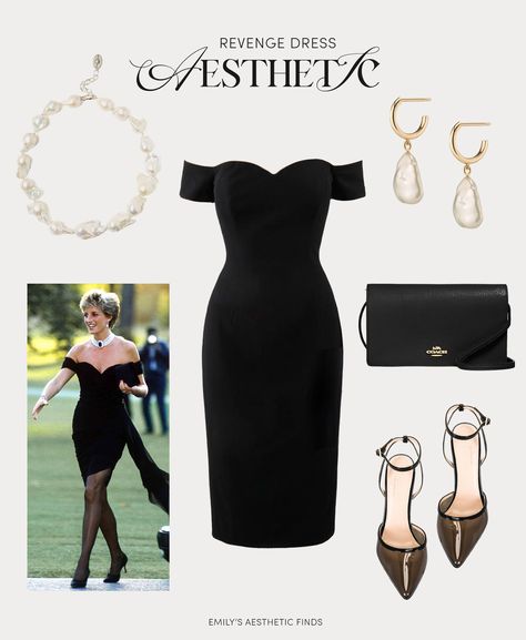 Princess Diana revenge dress aesthetic. Shop the look on LTK here: https://liketk.it/4i2bP princess diana aesthetic, revenge dress, little black dress, lbd, princess diana style, freshwater pearl necklace, pearl drop earrings, off the shoulder dress, sweetheart neckline, bodycon dress, sheer heels, black heels, black clutch, coach clutch, wedding guest outfit, little black dress outfit inspo #ad #fashioninspo #weddingguestoutfit #princessdianastyle #lbd Princess Diana Revenge Dress Aesthetic, Black Prom Dress With Pearl Necklace, Revenge Dresses Outfits, Black Dress Pearl Necklace Outfit, Princess Diana Black Dress, Off Shoulder Dress Formal Classy, Black Dress With Pearls Necklace, Black Dress Pearl Necklace, Black Revenge Dress