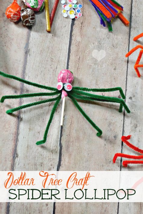 Dollar Tree Crafts: Pipe Cleaner Spider Lollipop Craft Pipe Cleaner Spider, Halloween Candy Crafts, Lollipop Craft, Creme Pie, Kids Craft Supplies, Spider Crafts, Kid Friendly Halloween, Scouts Crafts, Candy Crafts