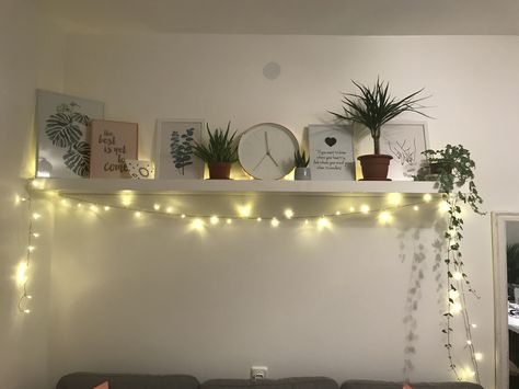 Room decor Rose gold Plants Shelves With Fairy Lights, Fairy Lights Shelves, Fairy Lights Shelf, Shelf With Fairy Lights, Room Decor Rose Gold, Fairy Lights Room, Botanical Bedroom, Rose Gold Bedroom, Brighter Bedroom