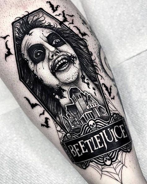 Beetlejuice Tattoo, Tim Burton Tattoo, Black Cat Tattoos, Movie Tattoos, Tattoo Magazine, Scary Tattoos, Beetlejuice Beetlejuice, Creepy Tattoos, Spooky Tattoos