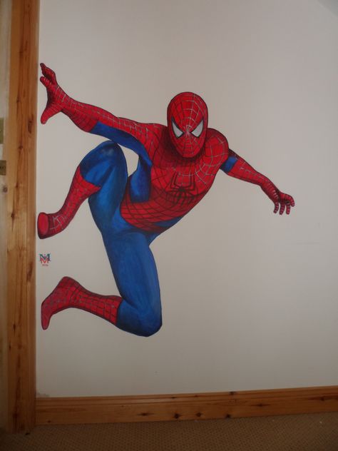 Spiderman for a little boys bedroom. This would cost £50. www.facebook.com/muralsandmarks Spiderman Wall Drawing, Cartoon Painting On Wall, Cartoon Wall Painting Ideas Bedroom, Boys Painting Ideas, Spiderman Wall Painting, Wall Drawing Ideas Bedroom, Spiderman Mural, Spiderman Prints, Wall Drawing Bedroom