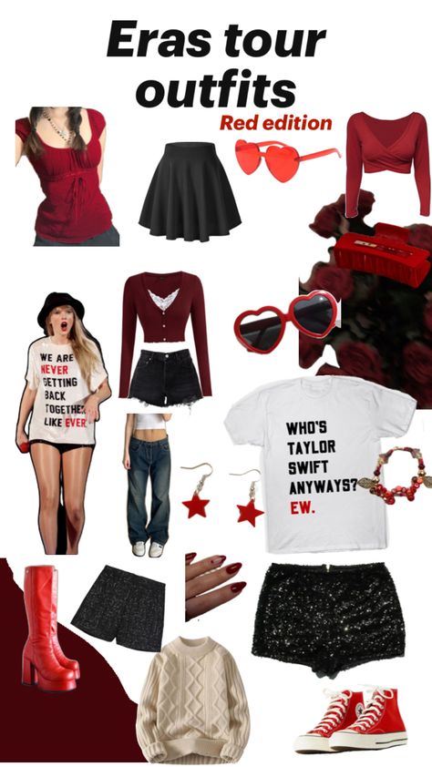 Eras tour red outfit ideas!! Hope you like lol : D Red Taylor Swift Eras Tour Outfit Ideas, All Too Well Eras Tour Outfit, Red Era Outfit Ideas, Outfit Ideas For The Eras Tour, Eras Tour Outfits Red Era, Red Outfit Eras Tour, Taylor Swift Concert Outfit Ideas Red, Taylor Swift Red Outfit Ideas, Red Eras Tour Outfit Ideas