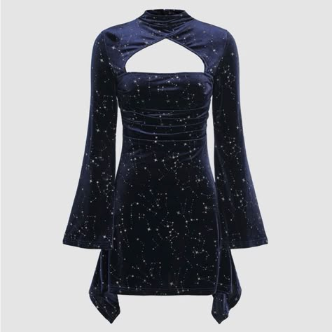 Vintage Celestial, Galaxy Dress, Blue Velvet Dress, Dark Blue Dress, Velvet Dresses, Purple Outfits, Grad Dresses, Star Dress, Mini Velvet Dress