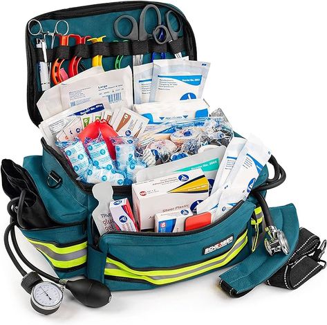 Amazon.com: Scherber First Responder Fully-Stocked Professional Essentials EMT/EMS Trauma Kit | HSA/FSA Approved | Reflective Bag w/8 Zippered Pockets & Compartments & 200+ First Aid Supplies - Blue : Health & Household Ems Bag, Emergency Bag, Sacs Design, Medical Bag, Medical Kit, First Aid Supplies, Gear Bag, Aid Kit, Medical Equipment