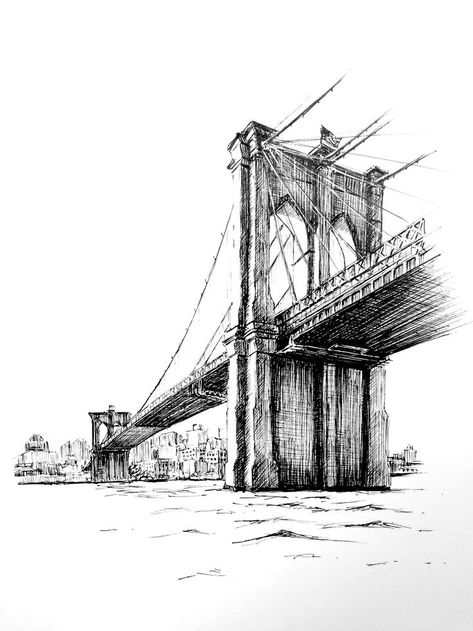 A pen sketch of Brooklyn Bridge New York New York Drawing, Micron Pen Art, Bridge Drawing, Cityscape Drawing, Architecture Drawing Sketchbooks, Building Sketch, Architecture Sketchbook, Pen Art Drawings, City Drawing