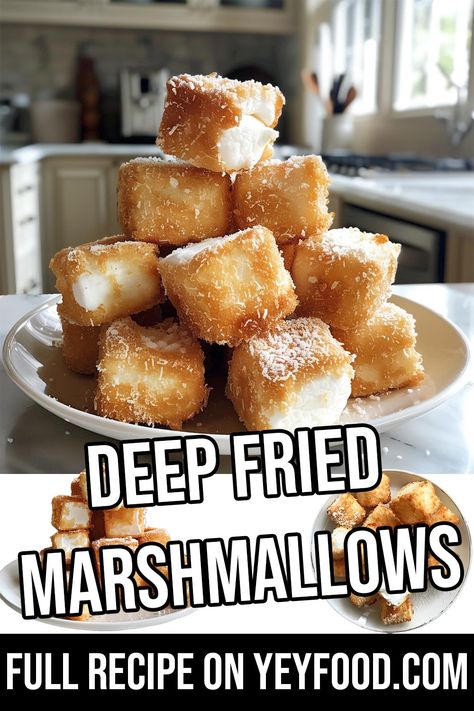 Deep Fried Marshmallows Deep Fry Recipes, Air Fryer Marshmallow Recipes, Air Fry Dessert Recipes, Fried Foods Recipe, Fried Smores Balls, Air Fryer Marshmallow, Deep Fried Food Ideas, Deep Fried Marshmallows, Deep Fried Food Recipes