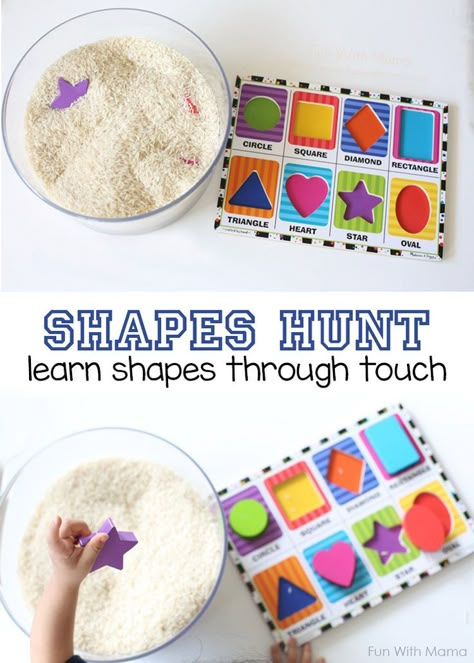 This preschool shapes activity is a perfect way to teach preschoolers and toddlers their shapes in a hands on way through their senses. Preschool Shape Math Activities, Cognitive Math Activity For Preschool, Shape Theme For Toddlers, Cozy Cube Ideas Preschool, 5 Senses Math Activities, Preschool Book Activities, Shape Activities For Toddlers, Shape Hunt, Cognitive Domain