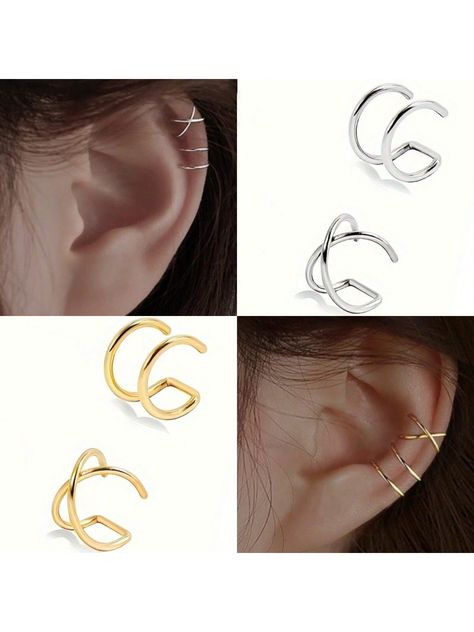 Set Of 4 Simple Cross Double Line Non-Piercing Minimalist Fake Helix Ear Cuff Earrings Exquisite Jewelry Gift Steel+Gold Fashionable   Stainless Steel     Women Fashion Jewelry, size features are:Bust: ,Length: ,Sleeve Length: Fake Earrings Cuff, Fake Ear Cuff, Minimalist Ear Cuff, Helix Ear, Fake Earrings, Ear Cuff Earrings, Simple Cross, Fake Piercing, Ear Cuff Earings