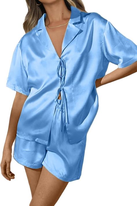 CHYRII Women's Silk Satin Pajamas Sets Tie Front Short Sleeve Tops and Shorts Two Piece Pj Sets Sleepwear Blue XXL at Amazon Women’s Clothing store Satin Short Sleeve, Bridesmaid Pjs, Bridal Pajamas, Tops And Shorts, Bridesmaid Pyjamas, Pajamas Sets, Silk Pajama Set, Satin Short, Satin Pyjama Set