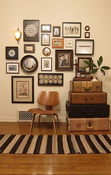 Family History Photo Wall, History Wall, Family Photo Wall, Gallery Wall Inspiration, Gallery Wall Living Room, Inspiration Wall, Suitcases, Family Pictures, 인테리어 디자인