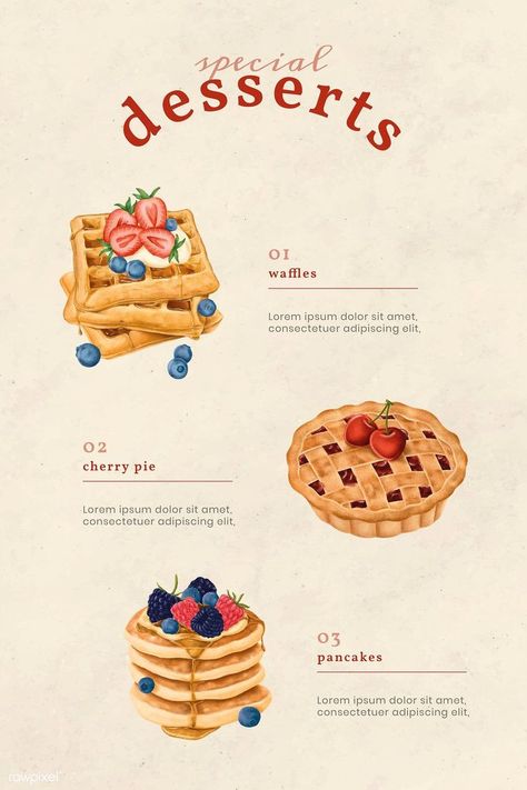 Sweet Menu Design, Menu Design Dessert, Food Menu Drawing, Waffle Menu Design, Menu Illustration Design, Cake Menu Design Ideas, Dessert Menu Design Ideas, Menu Infographic, Special Menu Design