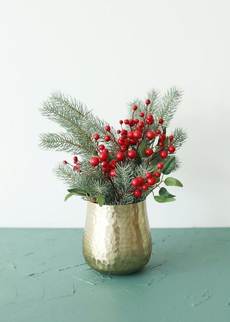 Fake Winter Evergreens Mini Frosted Pine Bush - 12" Gold Vase Christmas Decor, Christmas Plant Arrangements, Christmas Table Flowers, Christmas Arrangements Floral, Christmas Berry Decor, Christmas Vase Arrangements, Red And Green Christmas Decor, Holiday Floral Arrangements, Holiday Bouquet