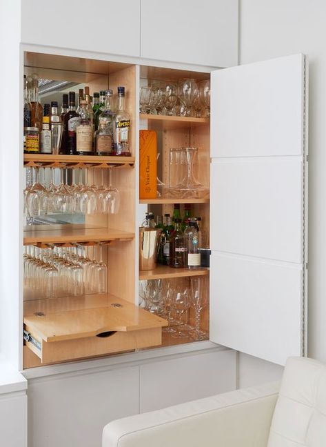 Small Built In Bar In Living Room, Drop Down Bar Counter, Built In Bar In Living Room Modern, Storeroom Design, Small Bar Cabinets For Home, Built In Bar In Living Room, Hidden Bar Cabinet, Dining Unit, Room Bar Ideas