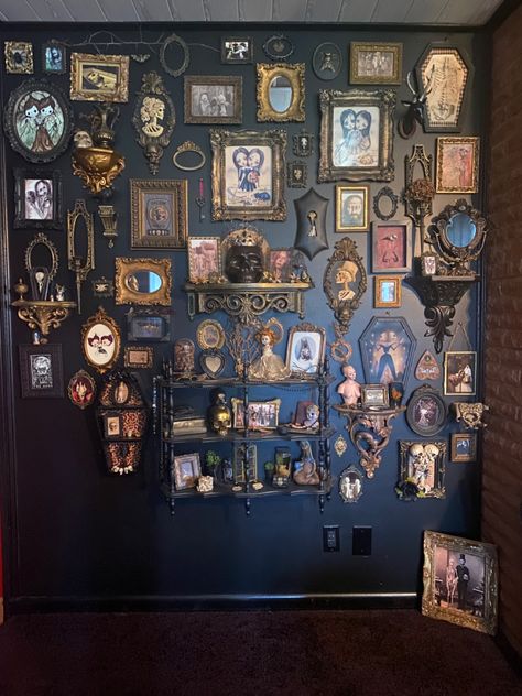 Oddity Gallery Wall, Random Shelves On Wall, Art Wall With Shelves, Gallery Wall With Trinkets, Ornate Wall Decor, Maximalist Wall Shelves, Moody Maximalist Shelves, Dark Wall Gallery, Dark Maximalist Wall Decor