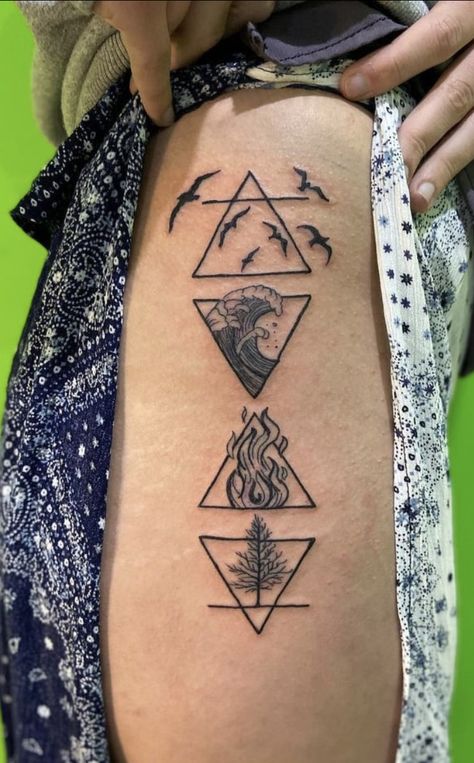 Tattoo Of The Elements, Geometric Fire Tattoo, Fire And Water Tattoo Ideas, Tattoos That Can Be Added To, Air And Earth Tattoo, Adventurer Tattoos, Elements Of Nature Tattoo, Element Tattoo Ideas Symbols, Elemental Tattoos