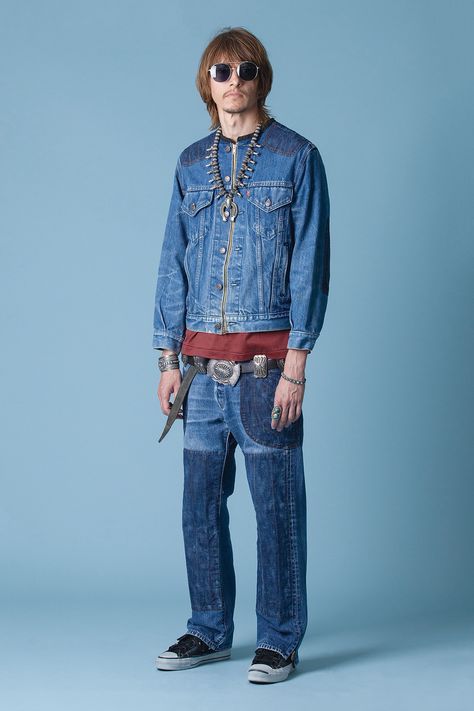 Rebuild by Needles for SS'15, not quite what I was expecting but I always appreciate an effort by this Japanese brand. The Levi's patchwork jacket and jeans are number one! Kind of similar to the Soloist from a few seasons back. Great look! List Of Favorites, Rare Clothing, Denim Workwear, Ripped Jeans Men, Boys Denim, Best Mens Fashion, Streetwear Mens, Love Jeans, Summer Lookbook