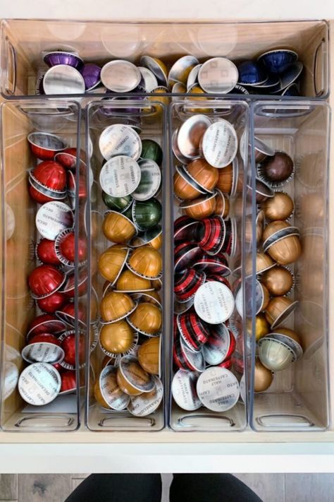 Organize Nespresso Pods, Coffee Pod Drawer Organization, Coffee Pod Organization, Nespresso Pod Organization, Coffee Pod Storage Ideas Diy, Glam Coffee Bar, Nespresso Pod, Dvd Organization, Cap Storage