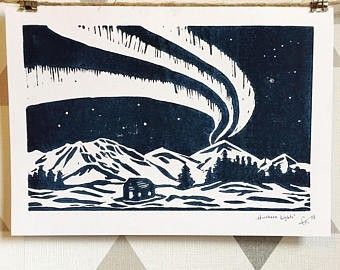 Northern Lights Painting, Northern Lights (aurora Borealis), Aurora Borealis Northern Lights, Lino Cut, Linocut Art, Abstract Art Landscape, Fairy Art, Art Landscape, Lino Print