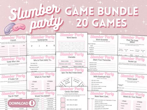 💤🎉Host the ultimate slumber party birthday or pajama party and enjoy a night filled with exciting activities with our 20 games bundle. Whether you're hosting a cozy pajama gathering or a girls' night in, our collection has it all.🌙Challenge your friends with hilarious games like spin the nail polish bottle or charades showdown! 🎉Don't miss out on this amazing collection of sleepover party games and make your night unforgettable! 🎁🌟Get your copy today and let the sleepover activities begin! Slumber Games, Birthday Slumber Party, Slumber Party Activities, Sleepover Party Games, Slumber Party Birthday, Slumber Party Games, Spin The Bottle, Sleepover Activities, Nail Polish Bottles