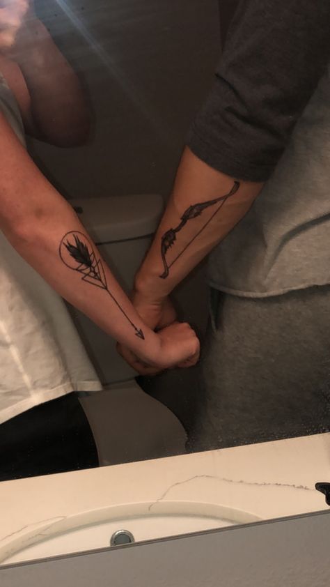 Bow Tattoo Men Archery, Compass Tattoo Siblings, Sagittarius Couple Tattoo, Mens Tattoos For Wife, Bow And Arrow Matching Tattoo, Couples Bow And Arrow Tattoo, Bow And Arrow Tattoo For Men, Archery Bow Tattoo, Compound Bow Tattoo