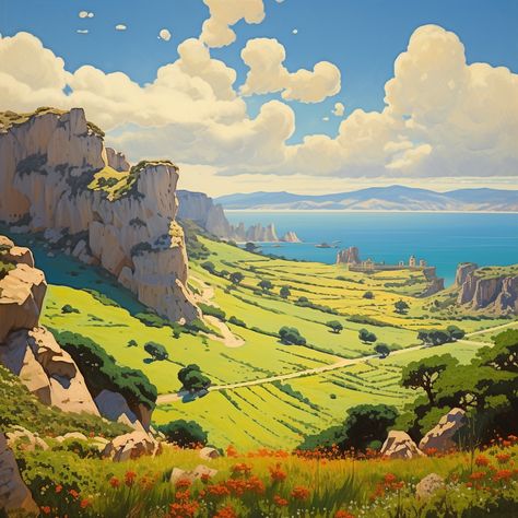 fantasy landscape painting of calabria toscane mallorca italy, sunny, fields, cliffs, wide angle, studio ghibli pixar, abbott fuller graves Pixar Landscapes, Fantasy Plains Landscape, Fantasy Field Landscape, Studio Ghibli Environment, Ghibli Landscape Scenery, Ghibli Environment, Fantasy Italy, Fantasy Plains, Studio Ghibli Landscape