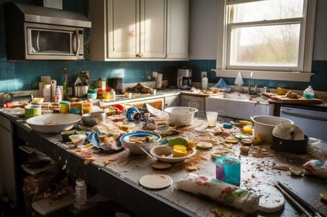 Messy kitchen with dirty counter tops and bowls of food on the counter. Generative AI royalty free stock images Messy Kitchen Aesthetic, Food Business Ideas, Cooking App, Fancy Kitchens, Messy Kitchen, Zine Design, Food Business, Counter Tops, Zurich