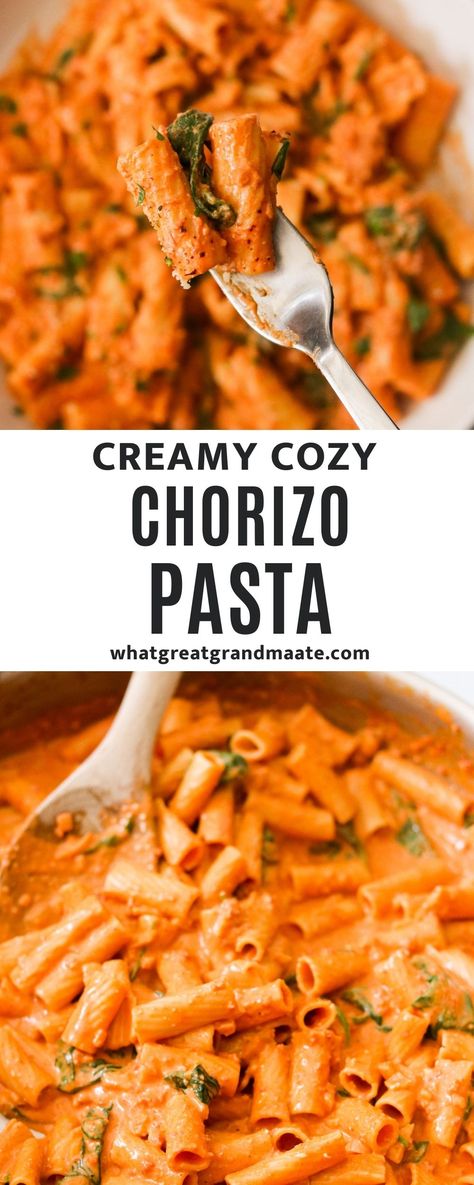 Delicious, easy, and creamy Chorizo Pasta that comes together in just 30 minutes. The creamy sauce complements the chorizo's spicy kick, resulting in a warm, comforting dish perfect for a cold day. Chorizo Spaghetti Sauce, Chorizo Recipes Dinner Pasta, Pasta With Chorizo Sausage, Pasta Chorizo Recipes, Spicy Chorizo Pasta, Creamy Chorizo Pasta, Easy Chorizo Recipes, Recipes With Chorizo, Chorizo Spaghetti