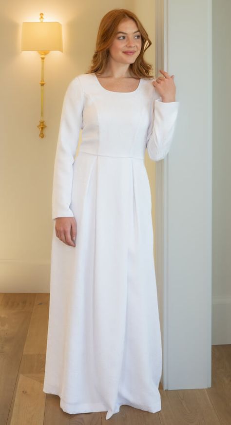 Cascade Lds Temple Clothing, Wedding Dress Empire Waist, Wedding Dress Empire, London Wedding Dress, Temple Dresses, Lds Temple Dress, Pleated Long Dress, Empire Waist Wedding Dress, Girls Baptism Dress