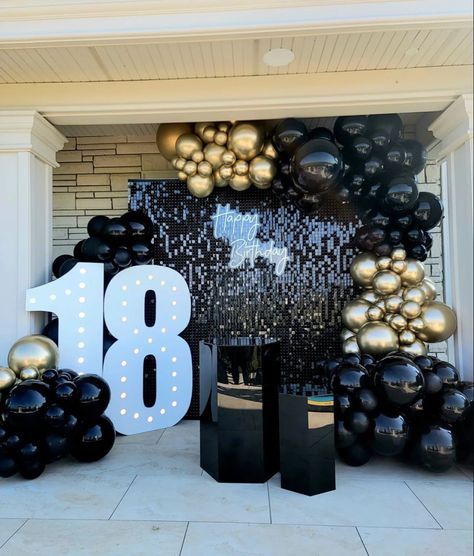 Ballon Design For Birthday, Black Bday Party Decor, Black Decoration For Birthday, Black Shimmer Wall With Balloons, Bday Baloon Decoration, 18th Birthday Party Ideas Man, Gold And Black 18th Birthday Party, Black And Gold Party Backdrops, Backdrop For Parties