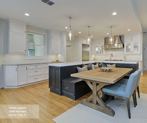 Kitchen Island Bench Seating, Kitchen Island With Bench Seating, Kitchen Island Table Combo, Double Fridge, Bench Seating Kitchen, Kitchen Island Dining Table, Unique Kitchen Design, Kitchen Island Bench, Rose Tree