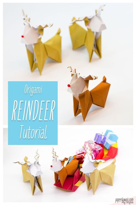 Origami Reindeer Tutorial, Christmas Origami Tutorial, Oragami Christmas Decorations, Christmas Origami Ornaments, Christmas Origami For Kids, Christmas Origami Easy, Oragami Christmas, Winter Origami, Origami For Christmas