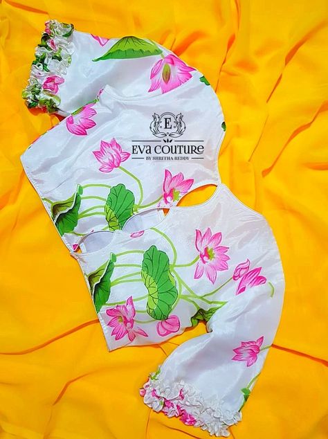 Fabric Painted Blouses, Saree Blouse Painting Designs, Painting For Blouses, Paint Blouse Designs, Paintings On Blouses, Hand Painting Designs For Blouses, Hand Painting Blouse Design, Lotus Painting On Blouse, Blouse Back Painting Designs