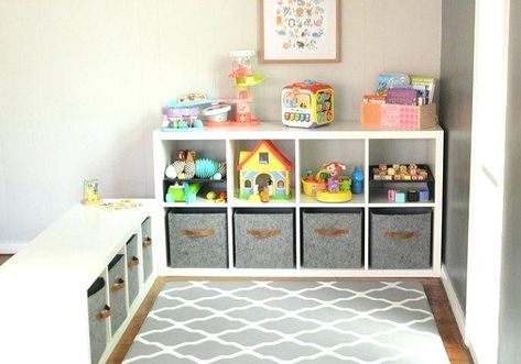 Living Room Play Corner, Organizing Apartment, Small Play Area, Play Area In Living Room, Kids Playroom Basement, Playroom/living Room, Baby Play Areas, Small Playroom, Kid's Playroom