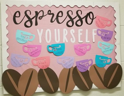 RA bulletin board. Coffee theme. "Espresso yourself" welcoming weekend. August back to school bulletin board. Fall Church Bulletin Boards, Dorm Bulletin Boards, Res Life Bulletin Boards, Resident Assistant Bulletin Boards, Office Bulletin Boards, Welcome Bulletin Boards, College Bulletin Boards, Ra Themes, Bulletin Boards Theme